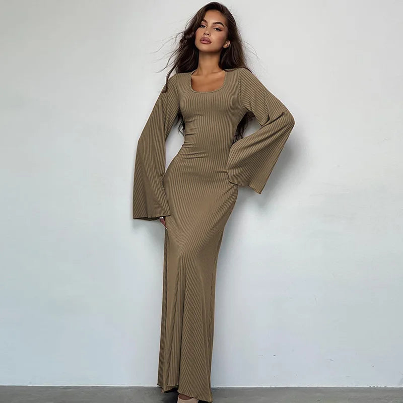 Solid Ribbed Trumpet Sleeves Maxi Dress Back Lace-Up Straps Elegant Casual 2023 Autumn Winter For Women Birthday-6