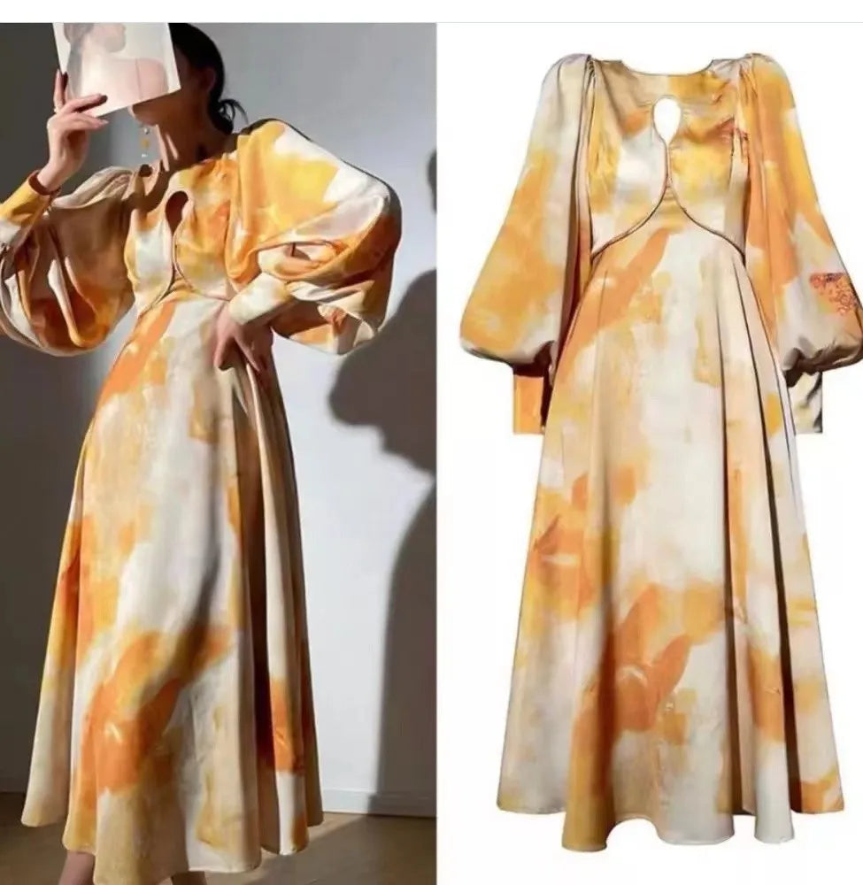 Getspring Women Dress 2022 Vintage Round Neck Lantern Sleeve Hollow Out High Waist Large Hem Long Printed Golden Party Dress-1