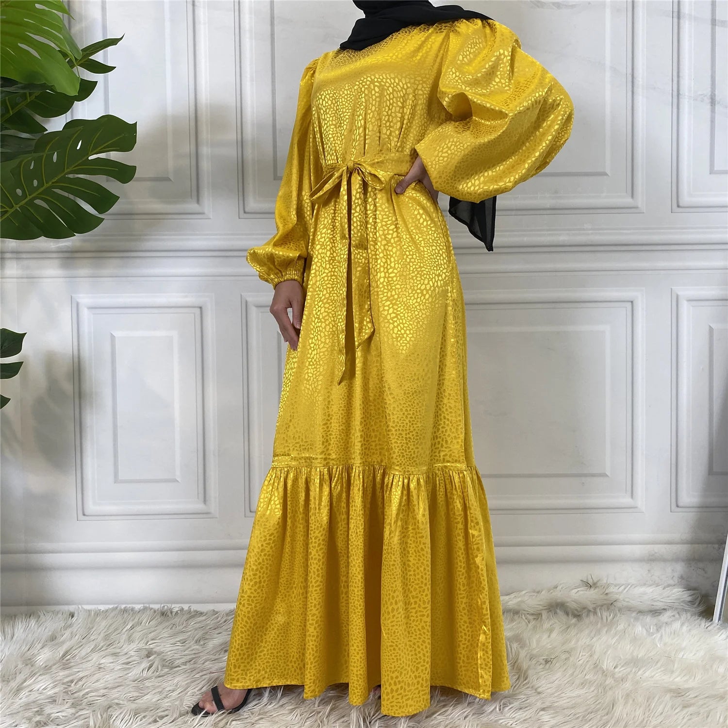 Print Slip Satin Dresses Muslim For Ladies Kimono Abaya Long Modern Modest Women Dress-7