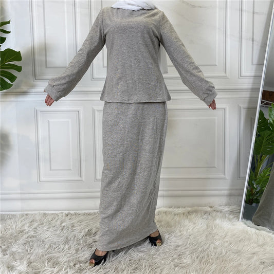 New Islamic Women Clothing High Neck Cotton Long Top And Skirt Sets Arab Middle East Suits-0