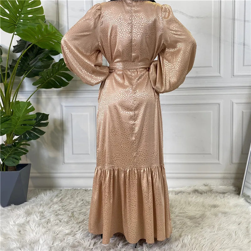 Print Slip Satin Dresses Muslim For Ladies Kimono Abaya Long Modern Modest Women Dress-1