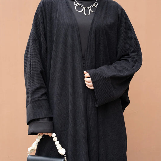 Corduroy Open Front Abaya Fall Thickness Islamic Clothing Winter Ribbed Prayer Dress EID Ramadan Muslim Abaya-1