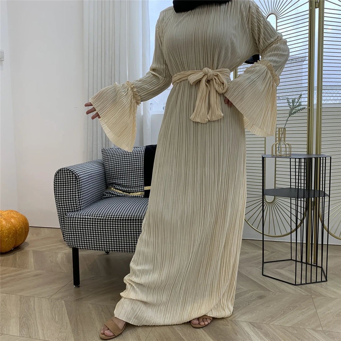 European And American Fashion Muslim Ladies Crepe Pleated Loose Flared Long Skirt Dress Ladies Elegant Muslim-0