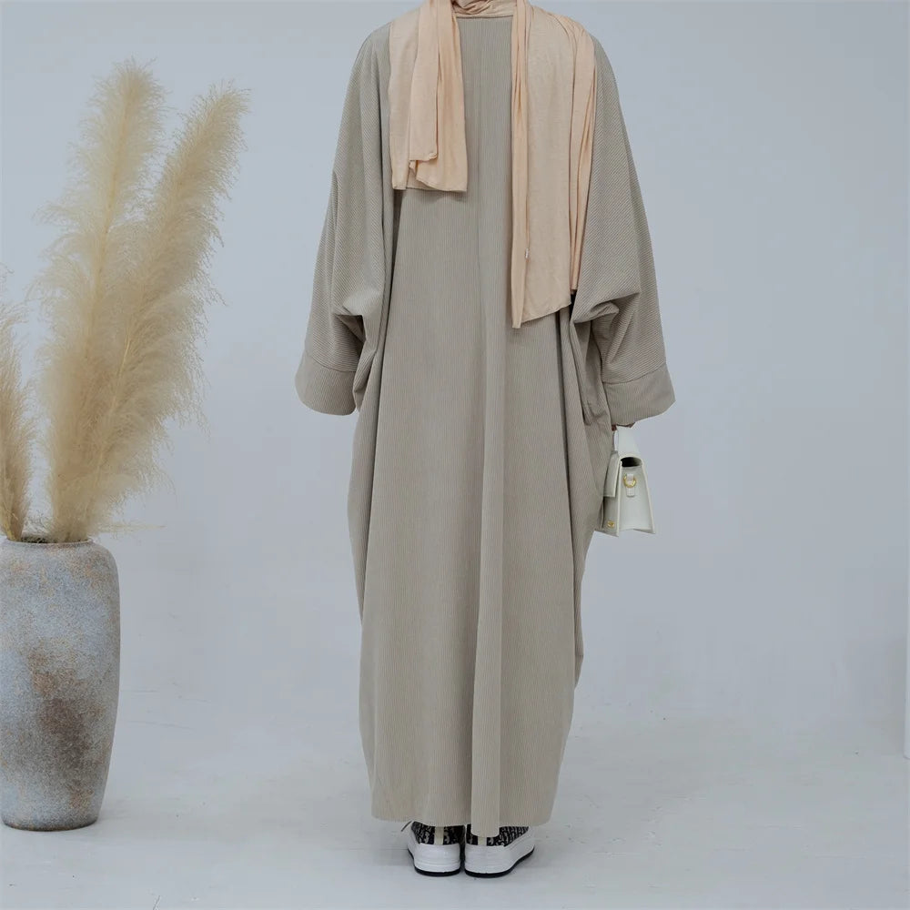 Corduroy Open Front Abaya Fall Thickness Islamic Clothing Winter Ribbed Prayer Dress EID Ramadan Muslim Abaya-4