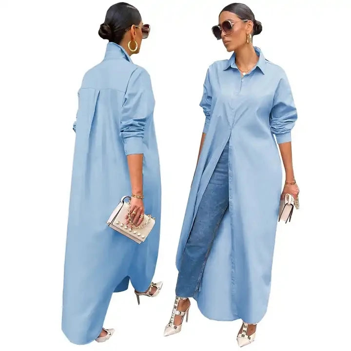 S-2XL Elegant Young Casual Fashion Full Sleeve Women's Straight Sleeve Dress New Luxury Designer Solid Chiffon Shirt Long Dress-12