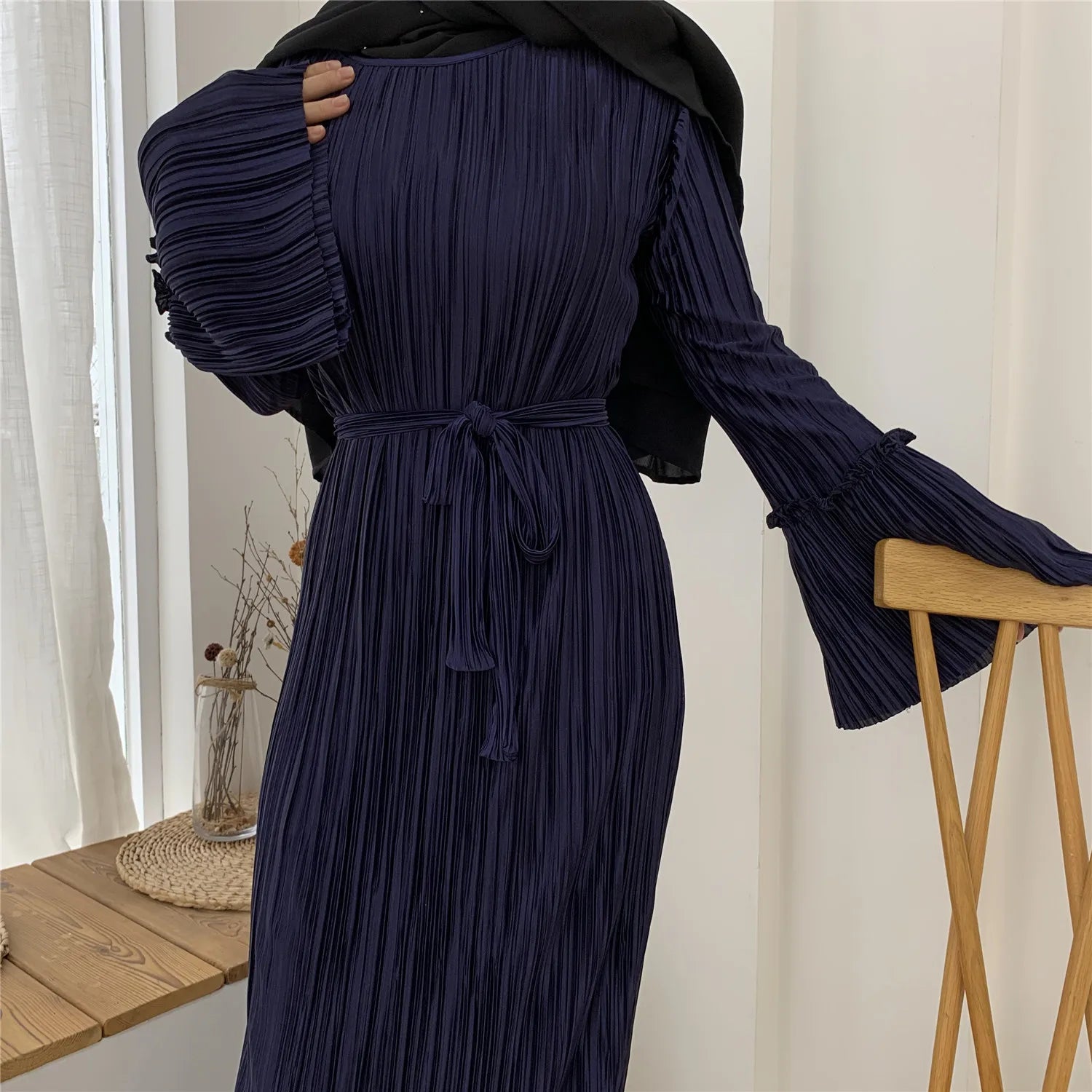 European And American Fashion Muslim Ladies Crepe Pleated Loose Flared Long Skirt Dress Ladies Elegant Muslim-5