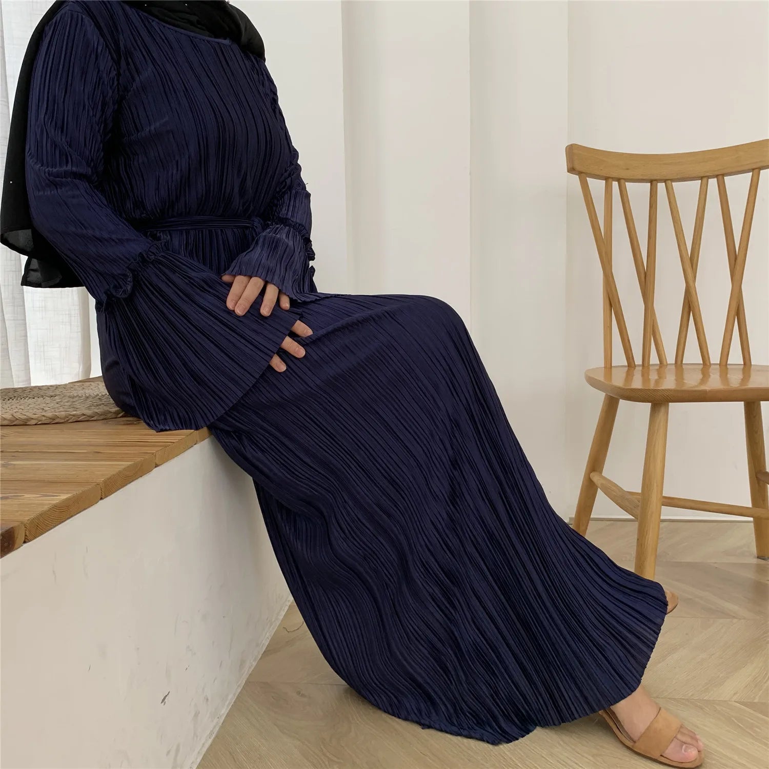 European And American Fashion Muslim Ladies Crepe Pleated Loose Flared Long Skirt Dress Ladies Elegant Muslim-3