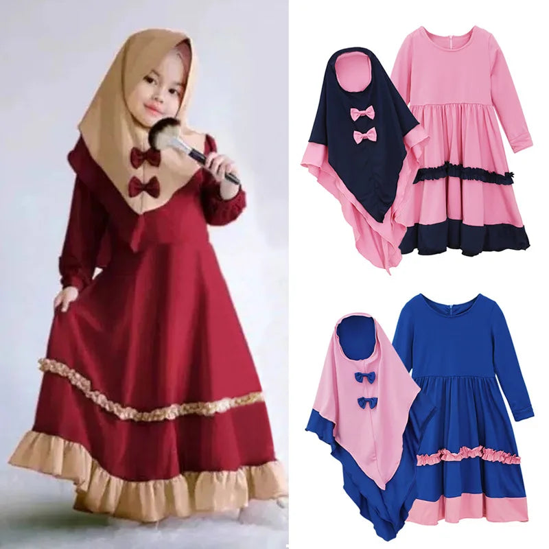 Dubai Jersey Children Islamic Clothing Maxi Dress Girls Muslim Prayer Modest 2 Piece Abaya Set Kids Jilbabs-1