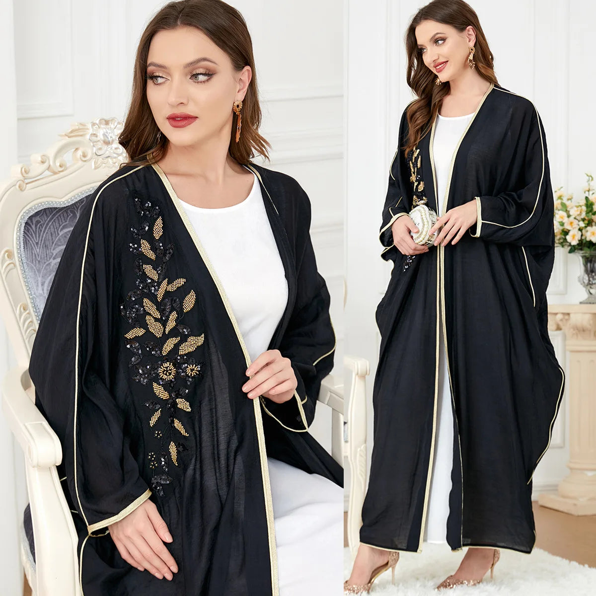 Wholesale Abayat Embroidery Muslim Sets Solid Color Front Open Black Abaya African Dresses For Women Moroccan Kaftan-4