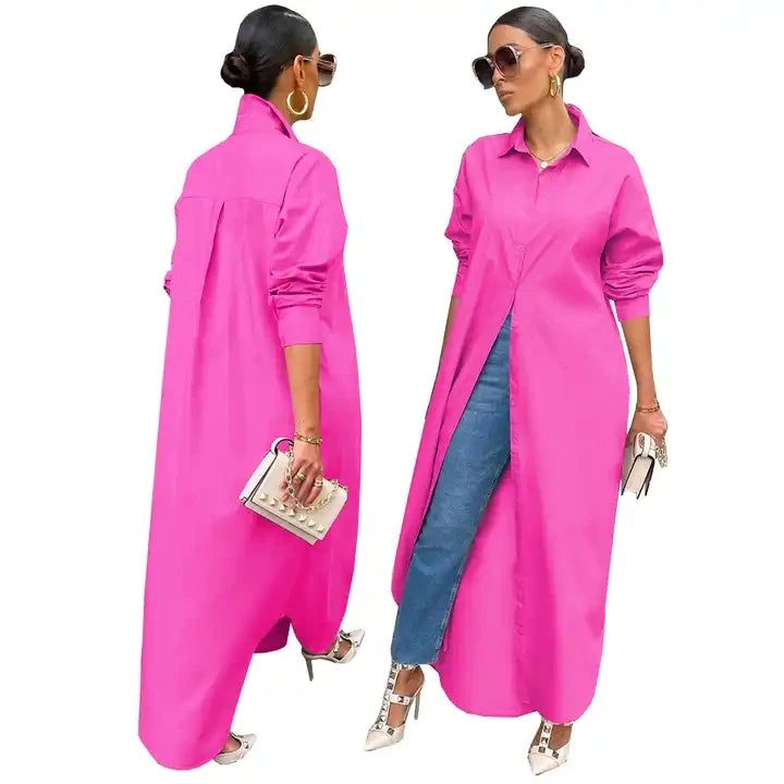 S-2XL Elegant Young Casual Fashion Full Sleeve Women's Straight Sleeve Dress New Luxury Designer Solid Chiffon Shirt Long Dress-4