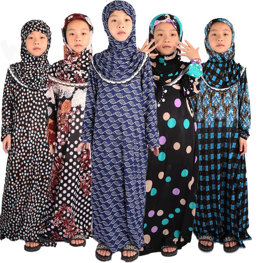 Muslim Girl Abaya Sew with Hijab Hoodies Gown Dress Islamic Children's Prayer Gown (Can Choose Sizes)-0