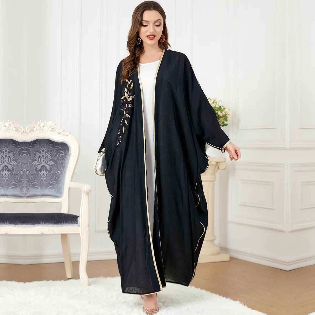 Wholesale Abayat Embroidery Muslim Sets Solid Color Front Open Black Abaya African Dresses For Women Moroccan Kaftan-2