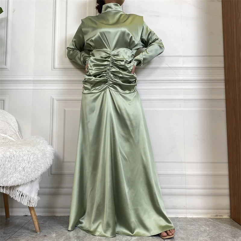 October new fashion satin long dress advanced pleated waist style slim sleeve women party maxi dresses-4