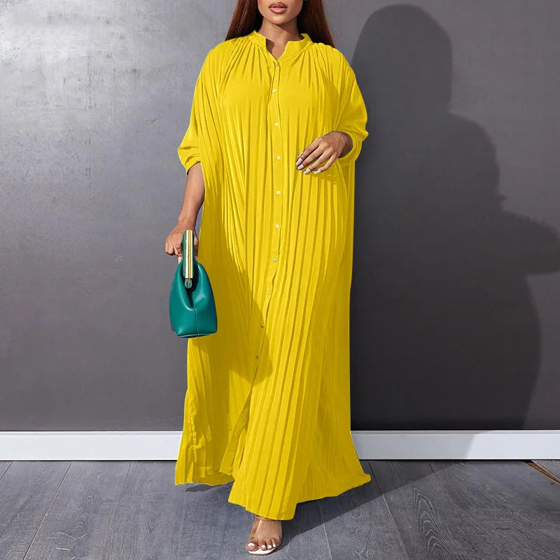 J&H Modest 2024 Spring Solid Long Sleeve Single Breasted Blouse Shirt Dress Islamic African Loose Robe Dress Plus Size S-5Xl-6