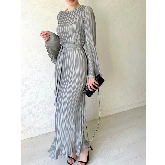 Solid Pit Striped Lace Up Knitted Dress For Women Elegant O Neck Long Sleeve Casual Dresses 2023 Spring Female Streetwear Robes-0