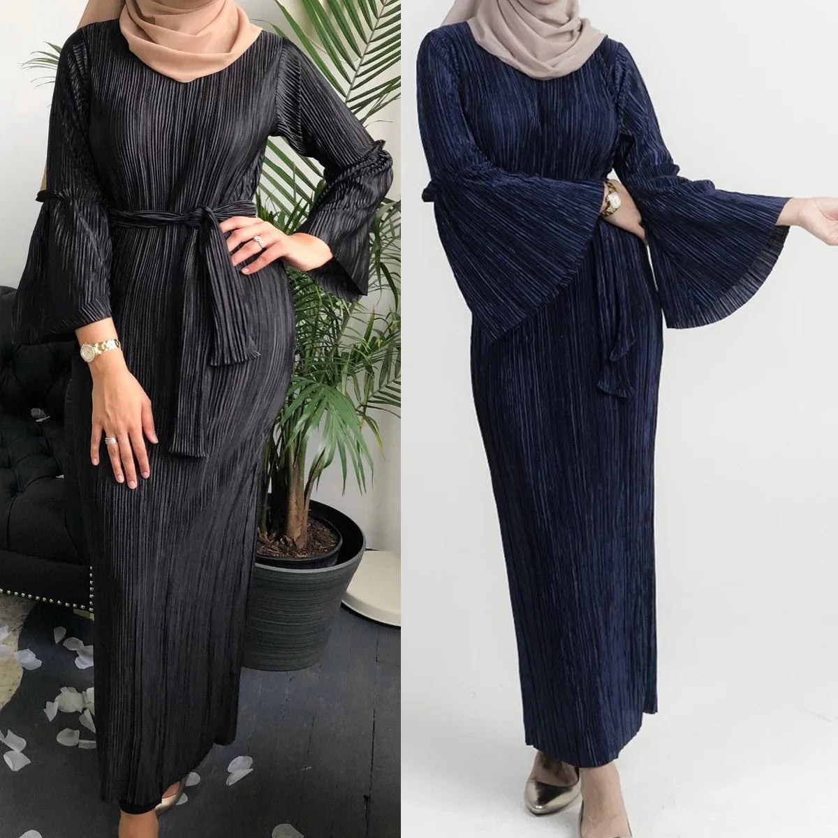 European And American Fashion Muslim Ladies Crepe Pleated Loose Flared Long Skirt Dress Ladies Elegant Muslim-2