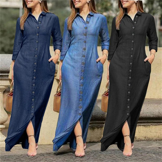 Fall vintage plus size womens casual shirt jean dresses ladies elegant long sleeve maxi denim dress-0