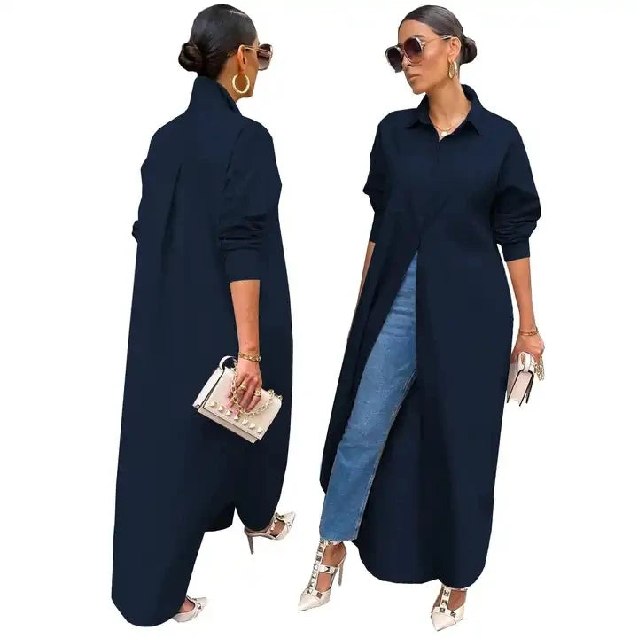 S-2XL Elegant Young Casual Fashion Full Sleeve Women's Straight Sleeve Dress New Luxury Designer Solid Chiffon Shirt Long Dress-11