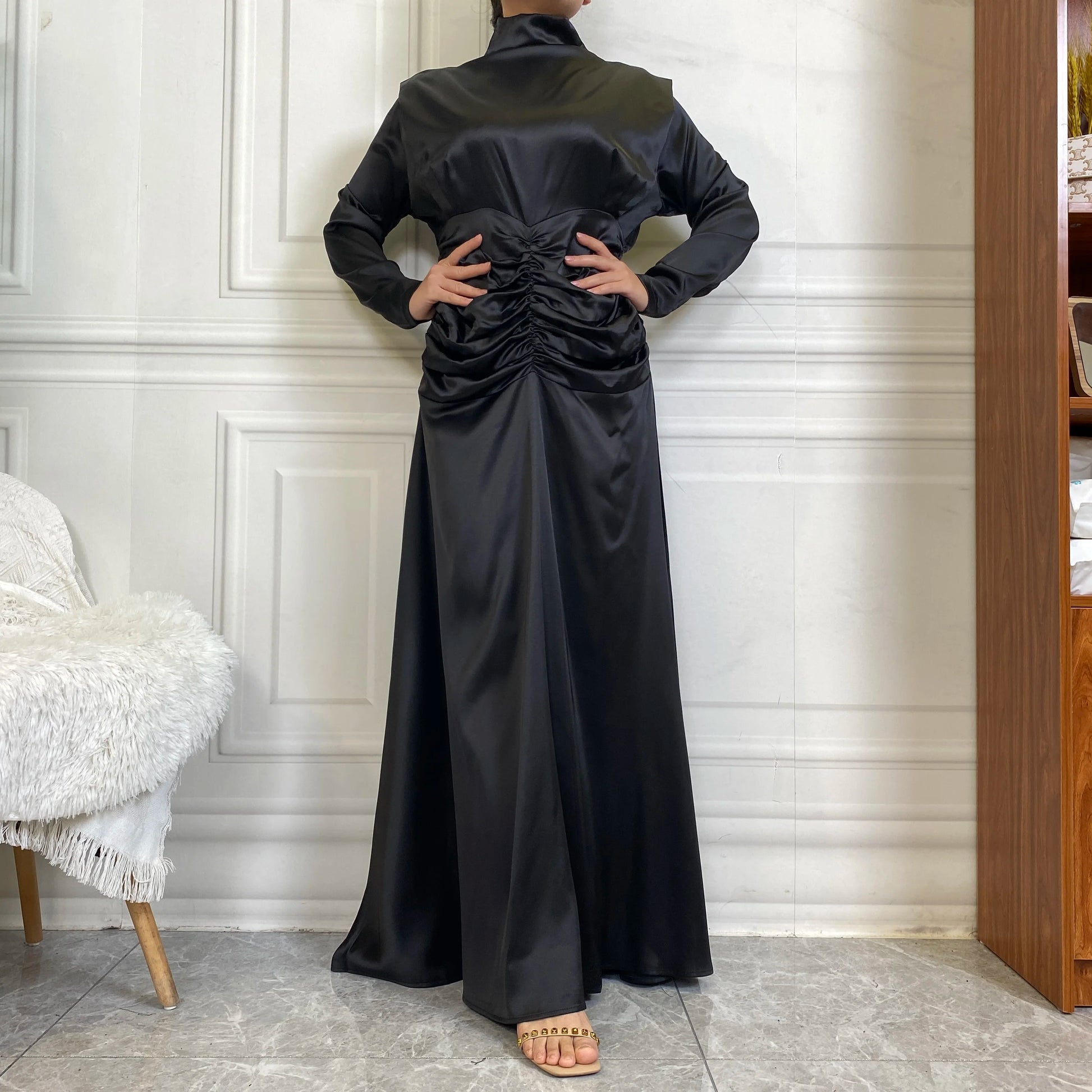 October new fashion satin long dress advanced pleated waist style slim sleeve women party maxi dresses-6