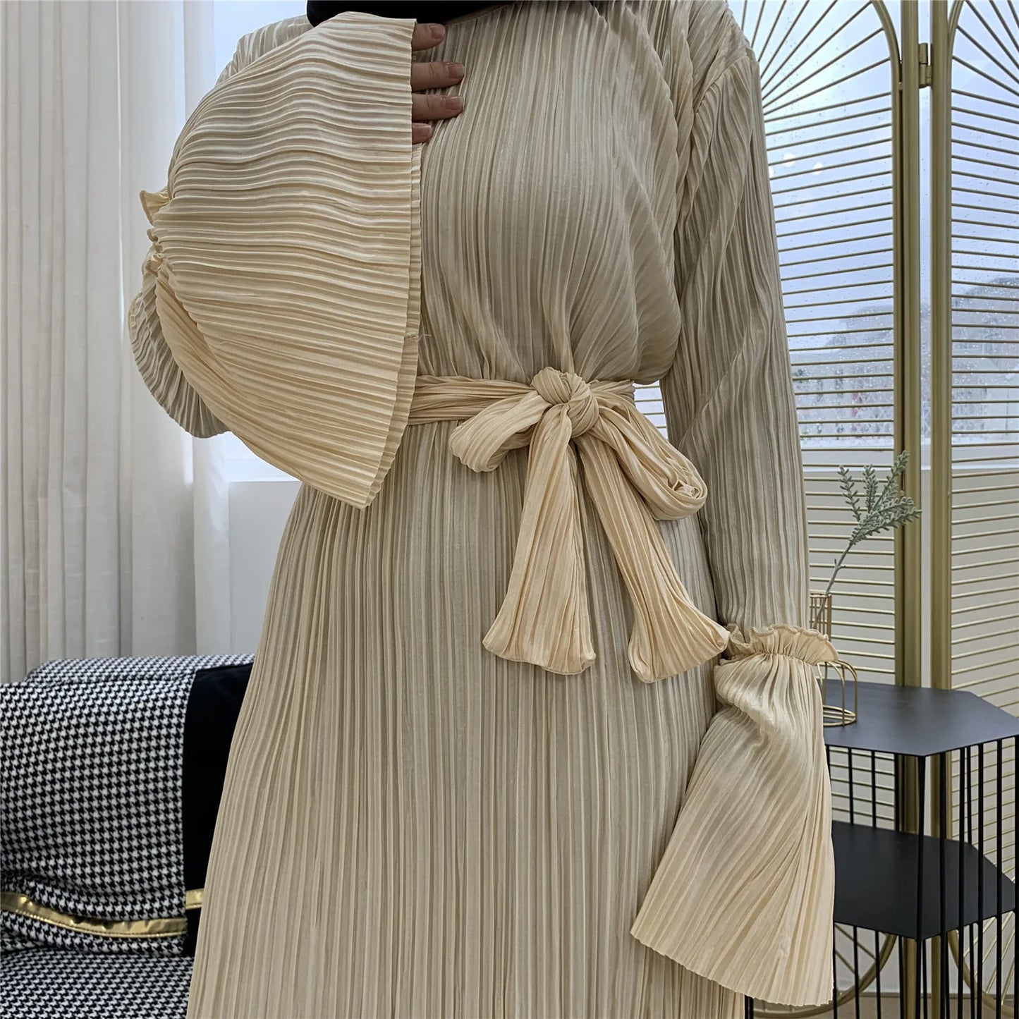 European And American Fashion Muslim Ladies Crepe Pleated Loose Flared Long Skirt Dress Ladies Elegant Muslim-1