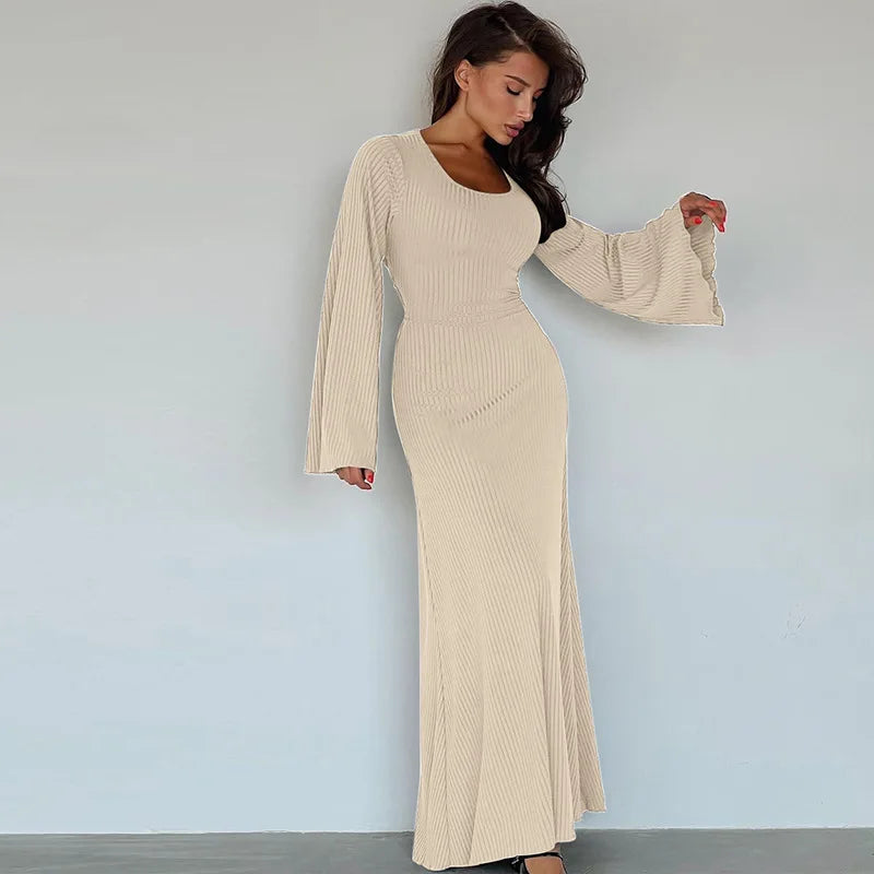 Solid Ribbed Trumpet Sleeves Maxi Dress Back Lace-Up Straps Elegant Casual 2023 Autumn Winter For Women Birthday-10