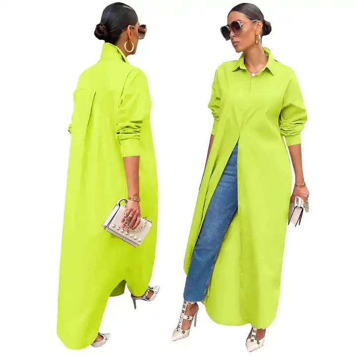 S-2XL Elegant Young Casual Fashion Full Sleeve Women's Straight Sleeve Dress New Luxury Designer Solid Chiffon Shirt Long Dress-6