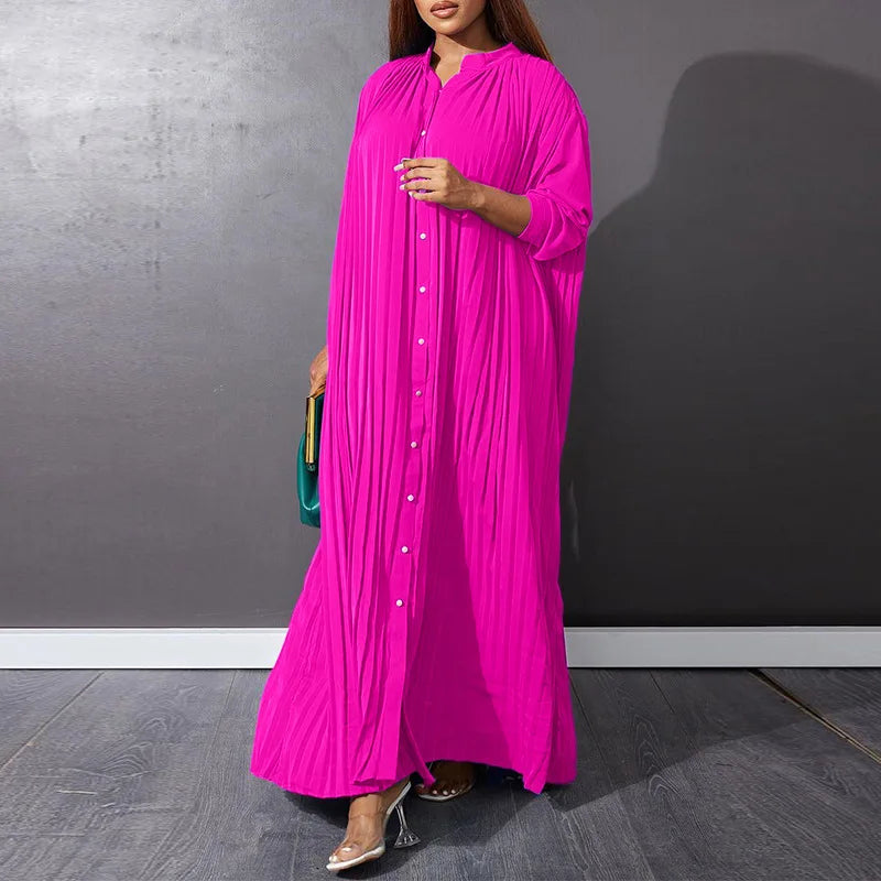 J&H Modest 2024 Spring Solid Long Sleeve Single Breasted Blouse Shirt Dress Islamic African Loose Robe Dress Plus Size S-5Xl-7