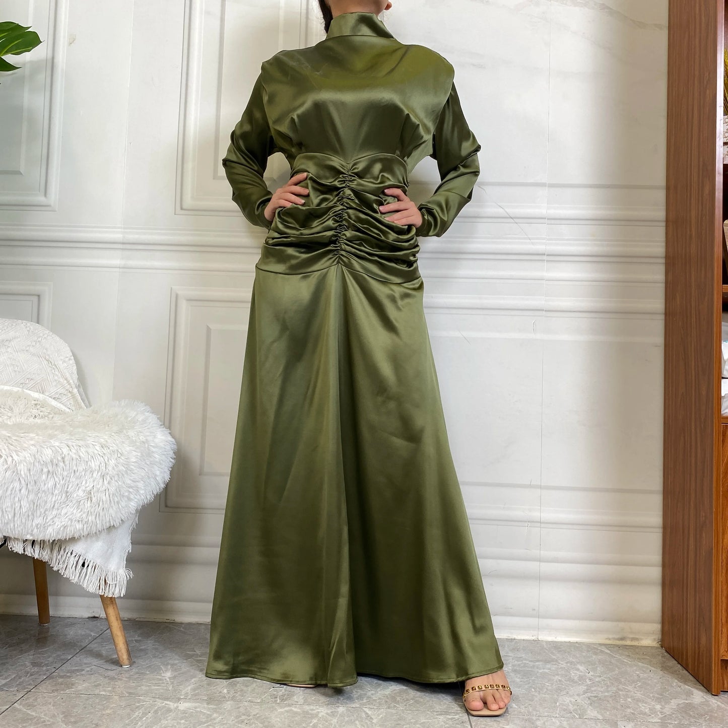 October new fashion satin long dress advanced pleated waist style slim sleeve women party maxi dresses-8