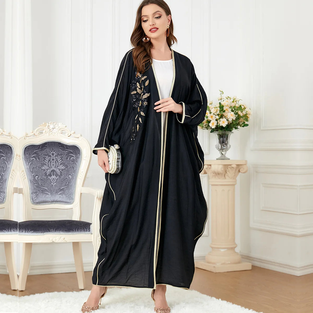 Wholesale Abayat Embroidery Muslim Sets Solid Color Front Open Black Abaya African Dresses For Women Moroccan Kaftan-1