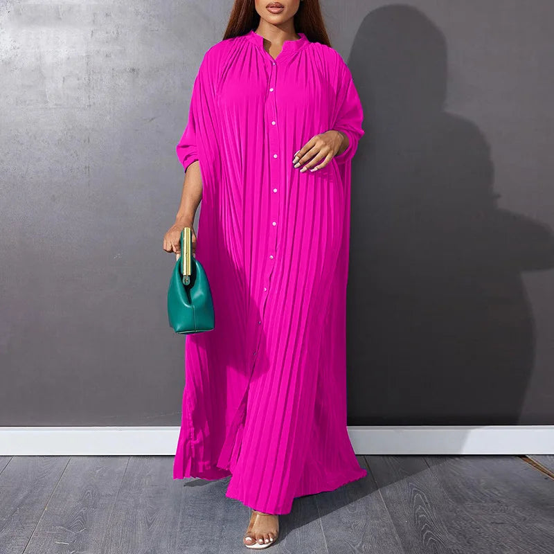 J&H Modest 2024 Spring Solid Long Sleeve Single Breasted Blouse Shirt Dress Islamic African Loose Robe Dress Plus Size S-5Xl-3