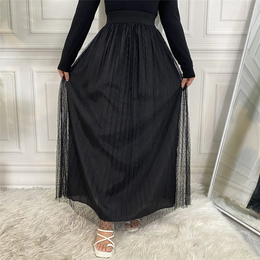 Muslim Dots Tulle Skirts Fashion Long Summer Maxi Skirt Plus Size Full Lined-0