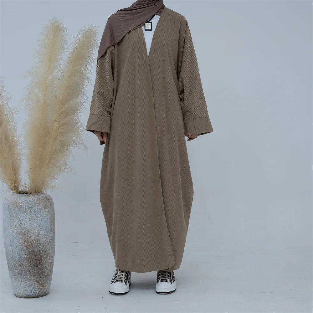 Corduroy Open Front Abaya Fall Thickness Islamic Clothing Winter Ribbed Prayer Dress EID Ramadan Muslim Abaya-8