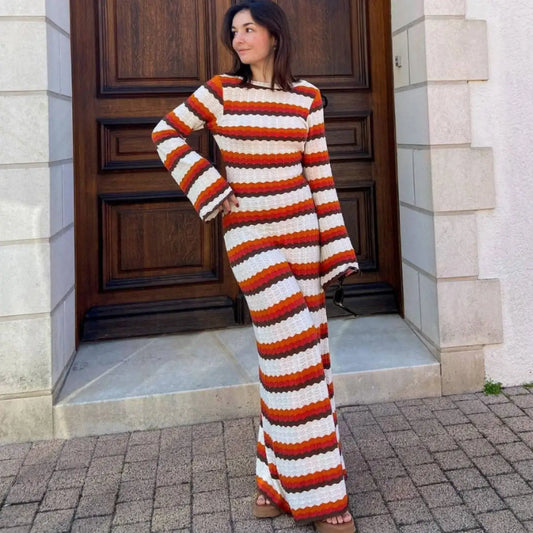 New Sexy Striped Knitted Long Dress For Women 2023 Autumn Backless Slim Robe Vacation Beach Maxi sweater Dress-0