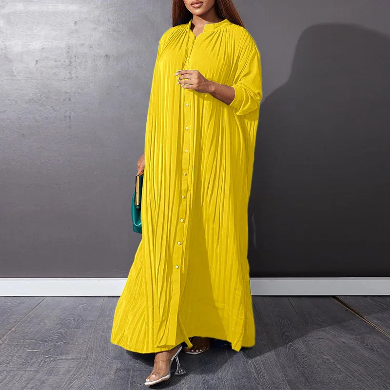 J&H Modest 2024 Spring Solid Long Sleeve Single Breasted Blouse Shirt Dress Islamic African Loose Robe Dress Plus Size S-5Xl-5