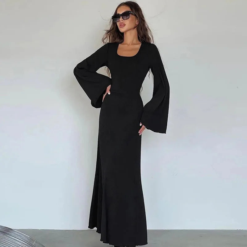 D3813936K Fall New Fashion Women's Loose Dress Lace-up Solid Color Long-sleeved Maxi Dress Casual Elegant Dress For Women-11