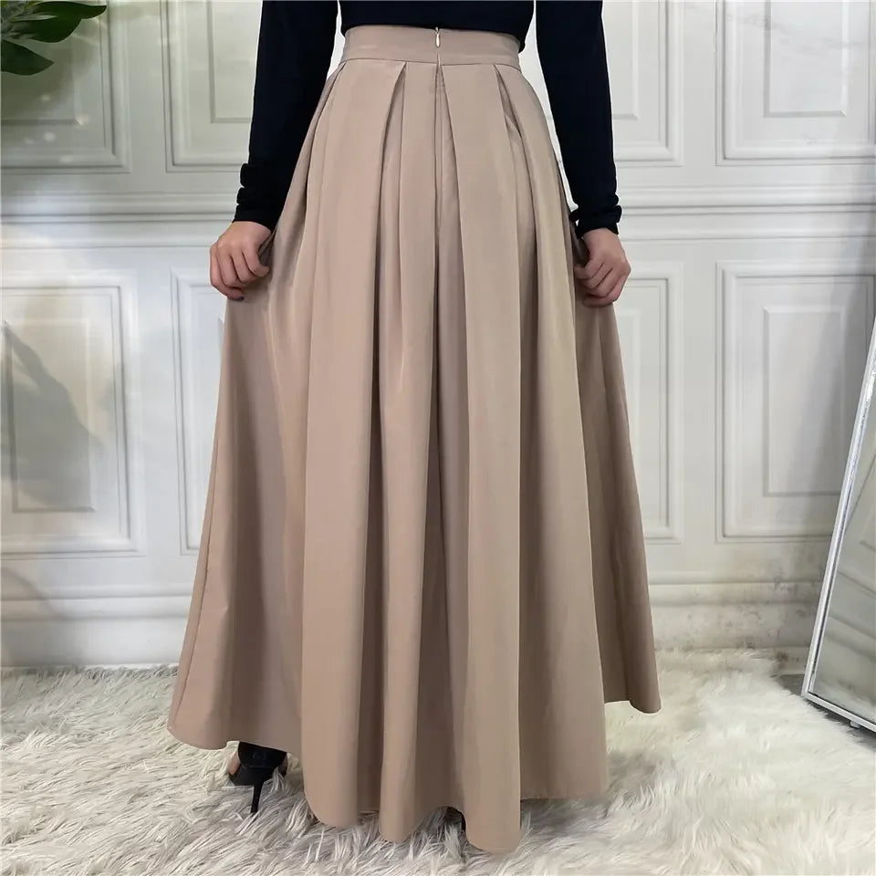 Muslim 2023 Maxi Skirt For Women Islamic Dress Ladies Fashion Casual Long Skirts Middle East Elegant Pleated Solid Color-6