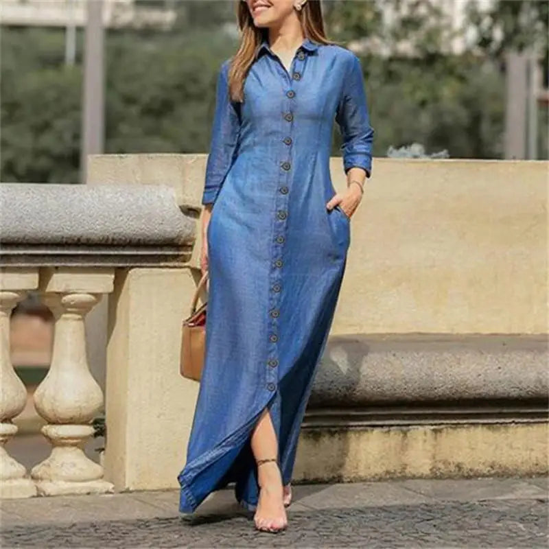 Fall vintage plus size womens casual shirt jean dresses ladies elegant long sleeve maxi denim dress-7