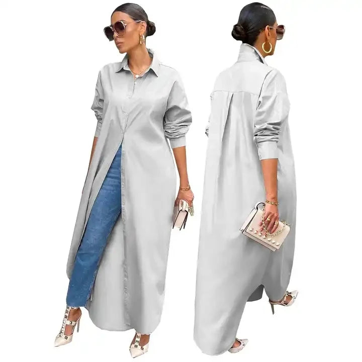 S-2XL Elegant Young Casual Fashion Full Sleeve Women's Straight Sleeve Dress New Luxury Designer Solid Chiffon Shirt Long Dress-8