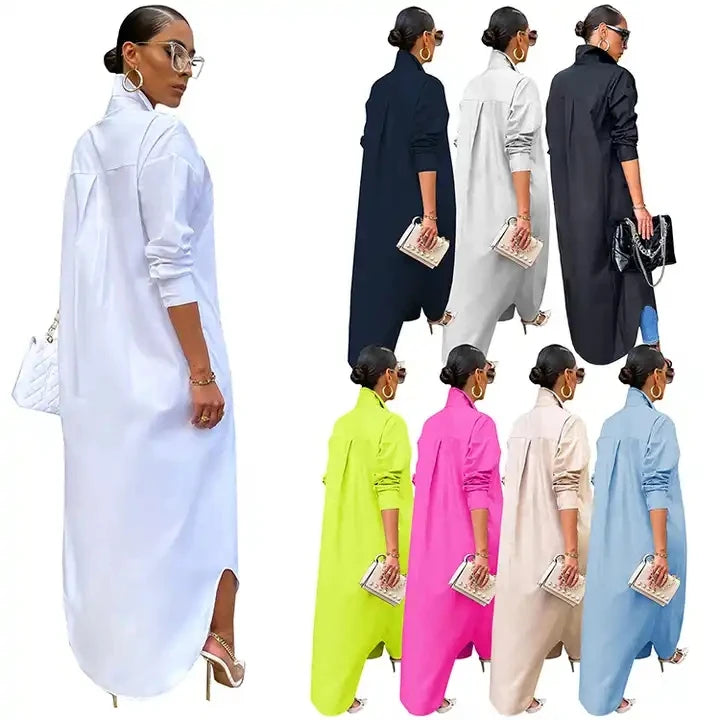 S-2XL Elegant Young Casual Fashion Full Sleeve Women's Straight Sleeve Dress New Luxury Designer Solid Chiffon Shirt Long Dress-1