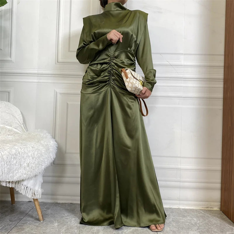 October new fashion satin long dress advanced pleated waist style slim sleeve women party maxi dresses-3