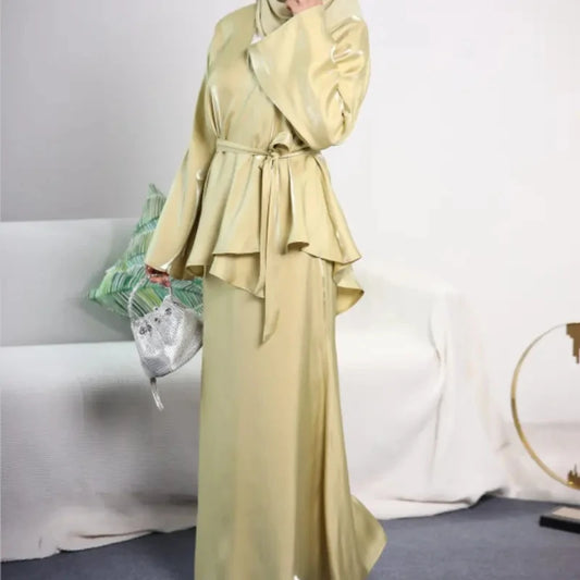 Fashion Co Ord 2 Piece Satin Silk Suit Muslim Islamic Clothing Malaysia Shinny Abaya Set Baju Kurung-0