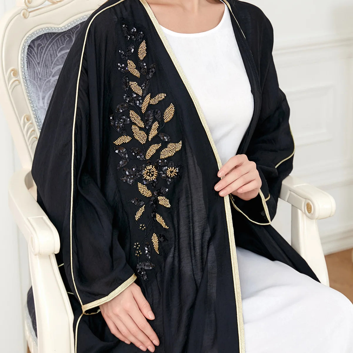 Wholesale Abayat Embroidery Muslim Sets Solid Color Front Open Black Abaya African Dresses For Women Moroccan Kaftan-0