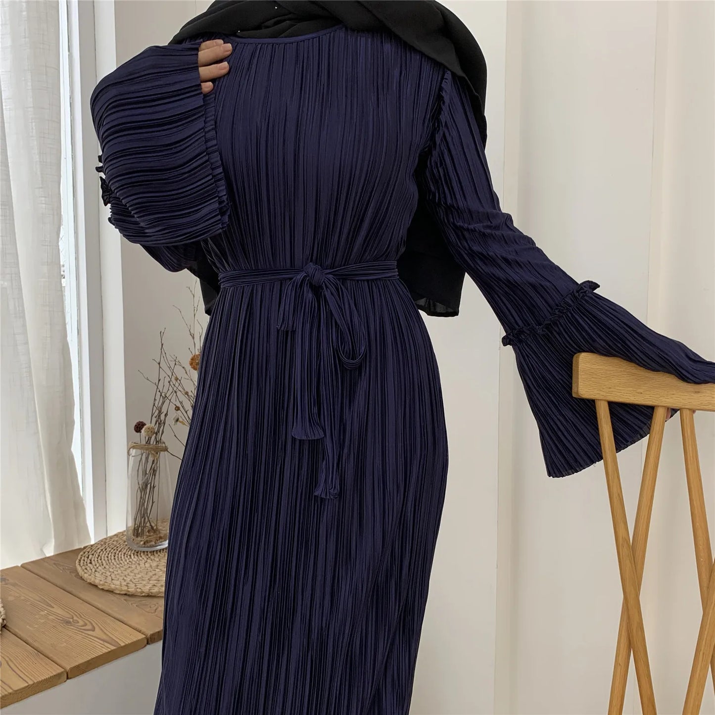 European And American Fashion Muslim Ladies Crepe Pleated Loose Flared Long Skirt Dress Ladies Elegant Muslim-8