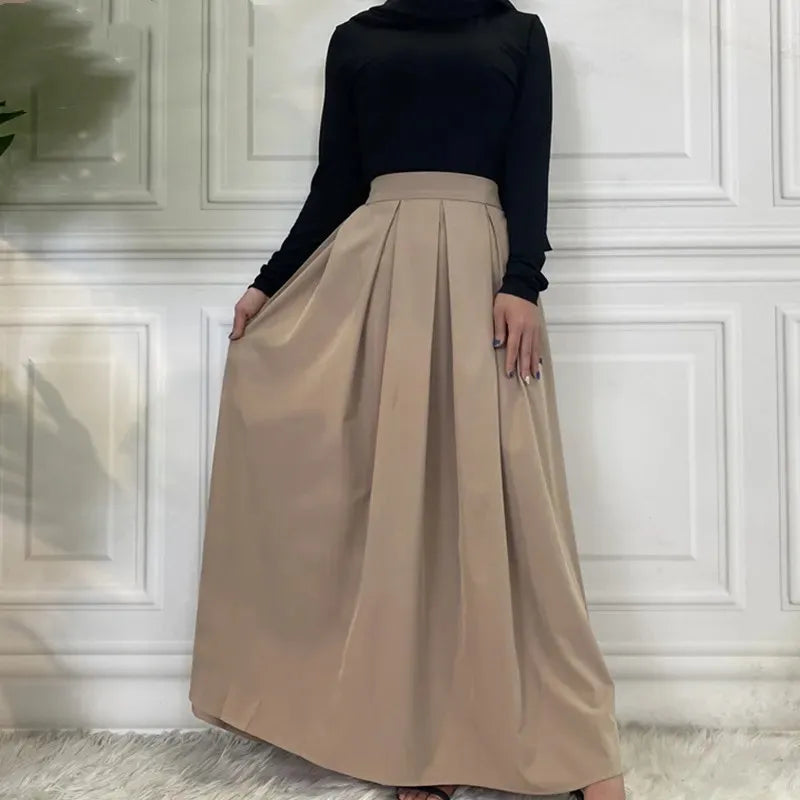 Muslim 2023 Maxi Skirt For Women Islamic Dress Ladies Fashion Casual Long Skirts Middle East Elegant Pleated Solid Color-0