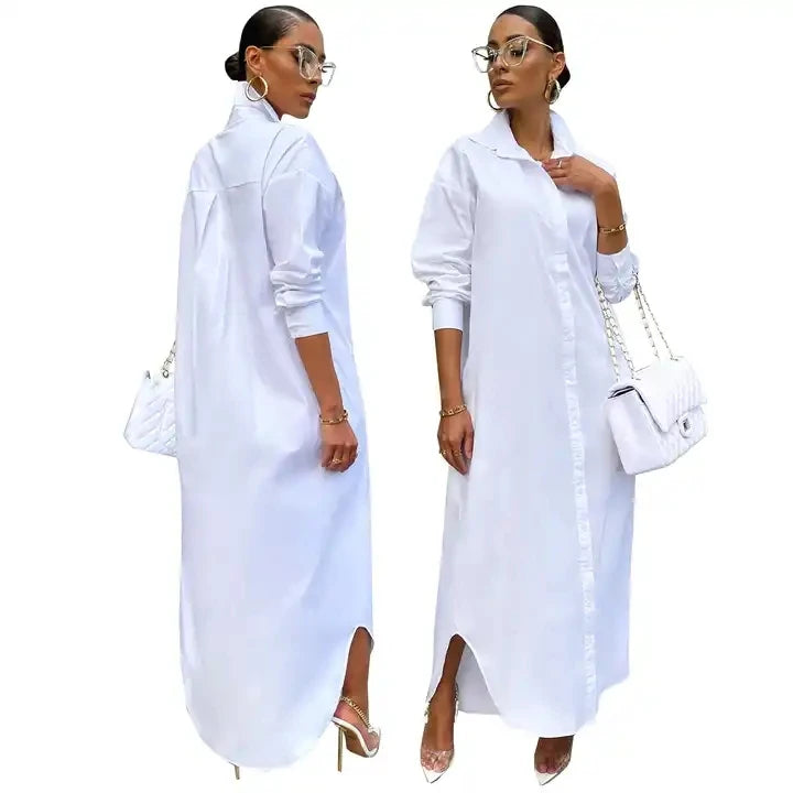 S-2XL Elegant Young Casual Fashion Full Sleeve Women's Straight Sleeve Dress New Luxury Designer Solid Chiffon Shirt Long Dress-13