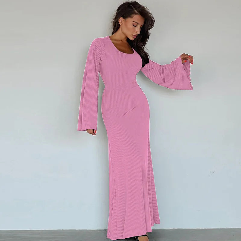 Solid Ribbed Trumpet Sleeves Maxi Dress Back Lace-Up Straps Elegant Casual 2023 Autumn Winter For Women Birthday-12