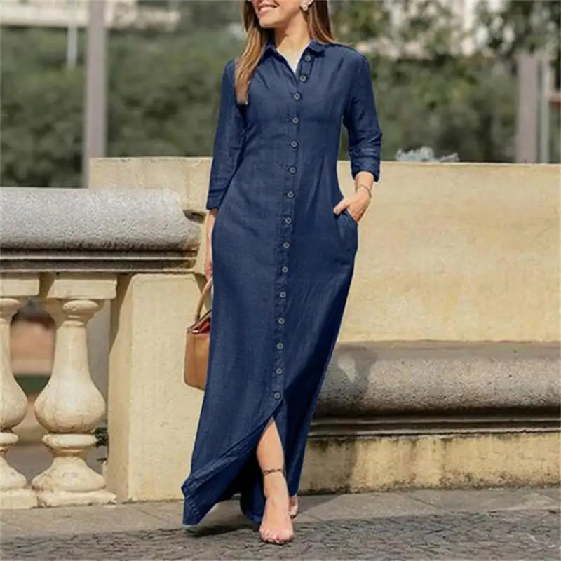 Fall vintage plus size womens casual shirt jean dresses ladies elegant long sleeve maxi denim dress-6