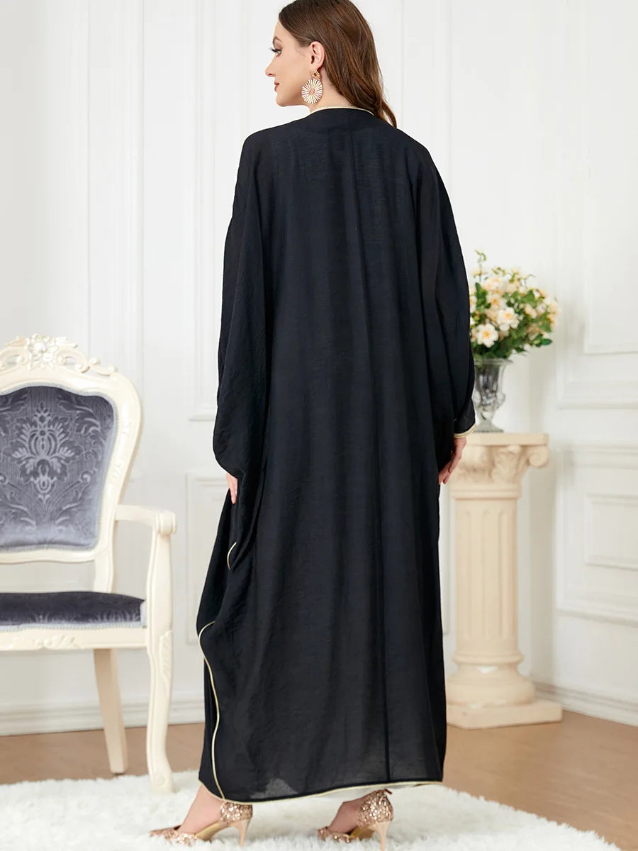 Wholesale Abayat Embroidery Muslim Sets Solid Color Front Open Black Abaya African Dresses For Women Moroccan Kaftan-5