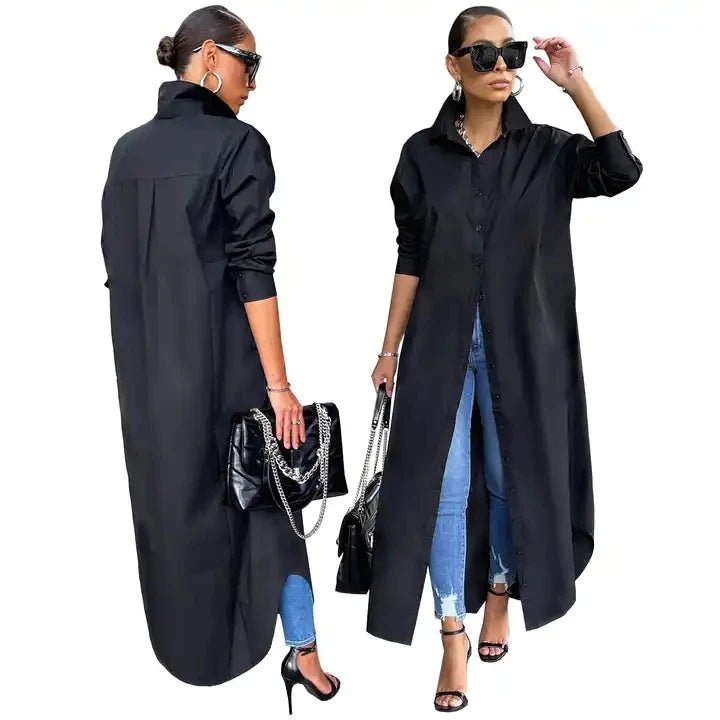 S-2XL Elegant Young Casual Fashion Full Sleeve Women's Straight Sleeve Dress New Luxury Designer Solid Chiffon Shirt Long Dress-9