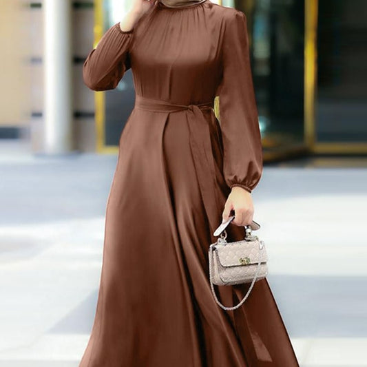 Hana Dress: Women's Solid Satin Maxi Elegant Puff Sleeve Robe Dress